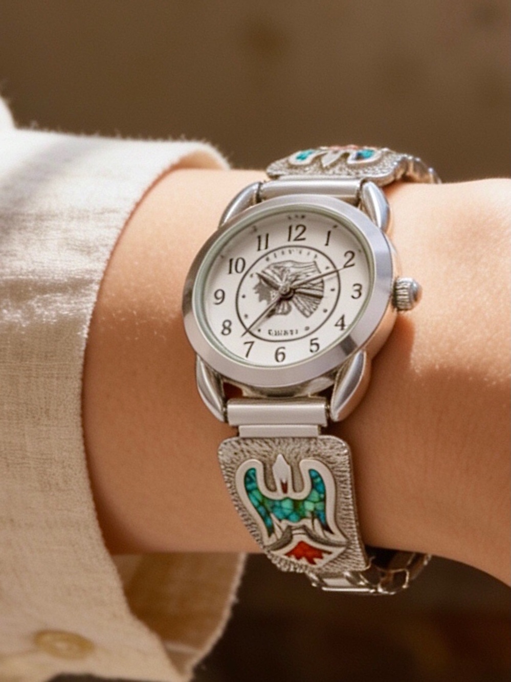 Navajo 925 Silver Tips With Inlaid Coral & Turquoise - Silver Indian Chief Watch